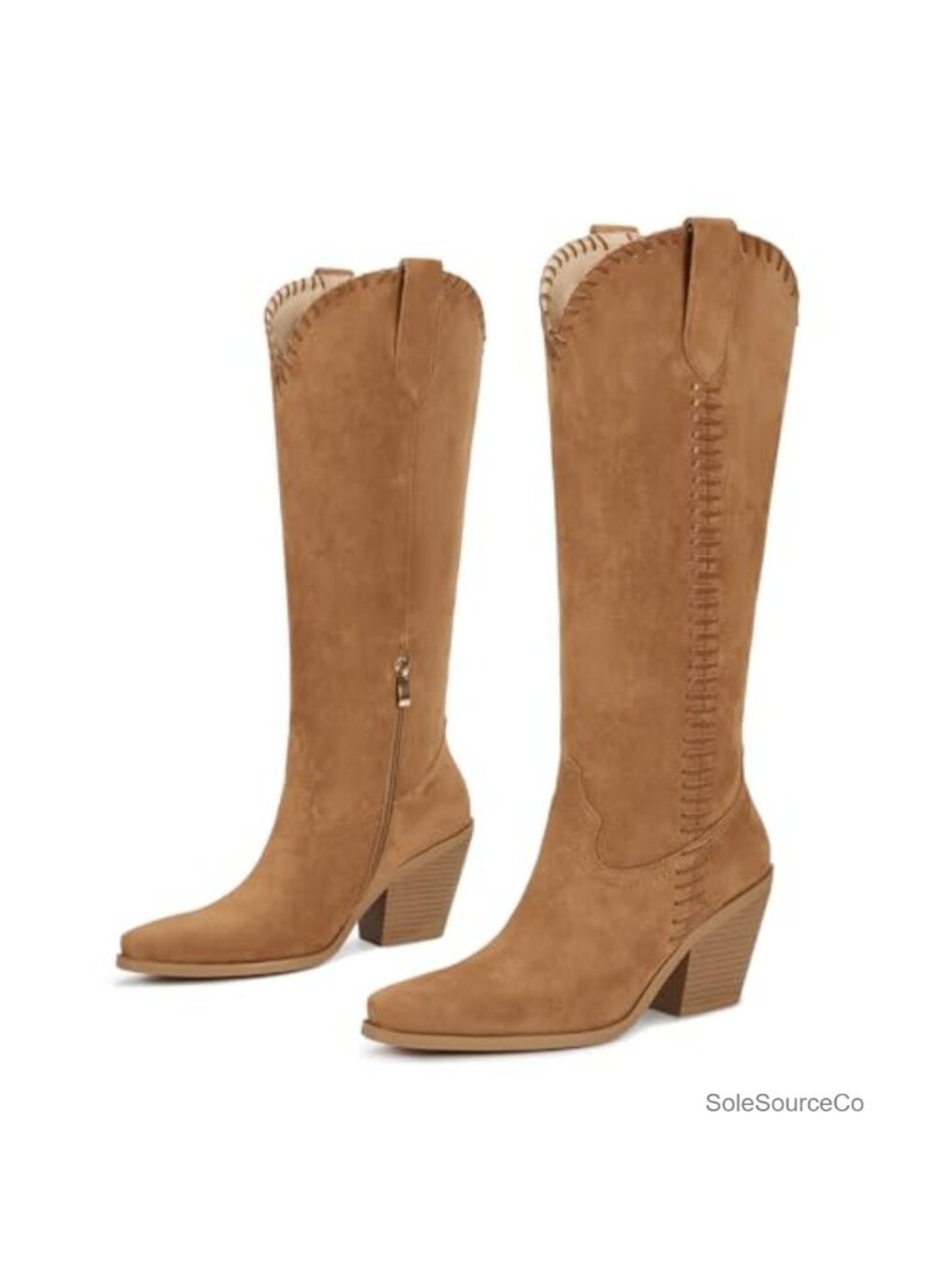Western Cowboy Boots Faux Suede Knee High Block Heel Square Toe